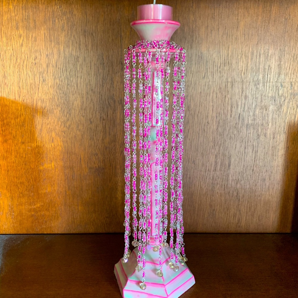 Wedding Candle Stick Holder Bohemian Style With Pink Glass Beads